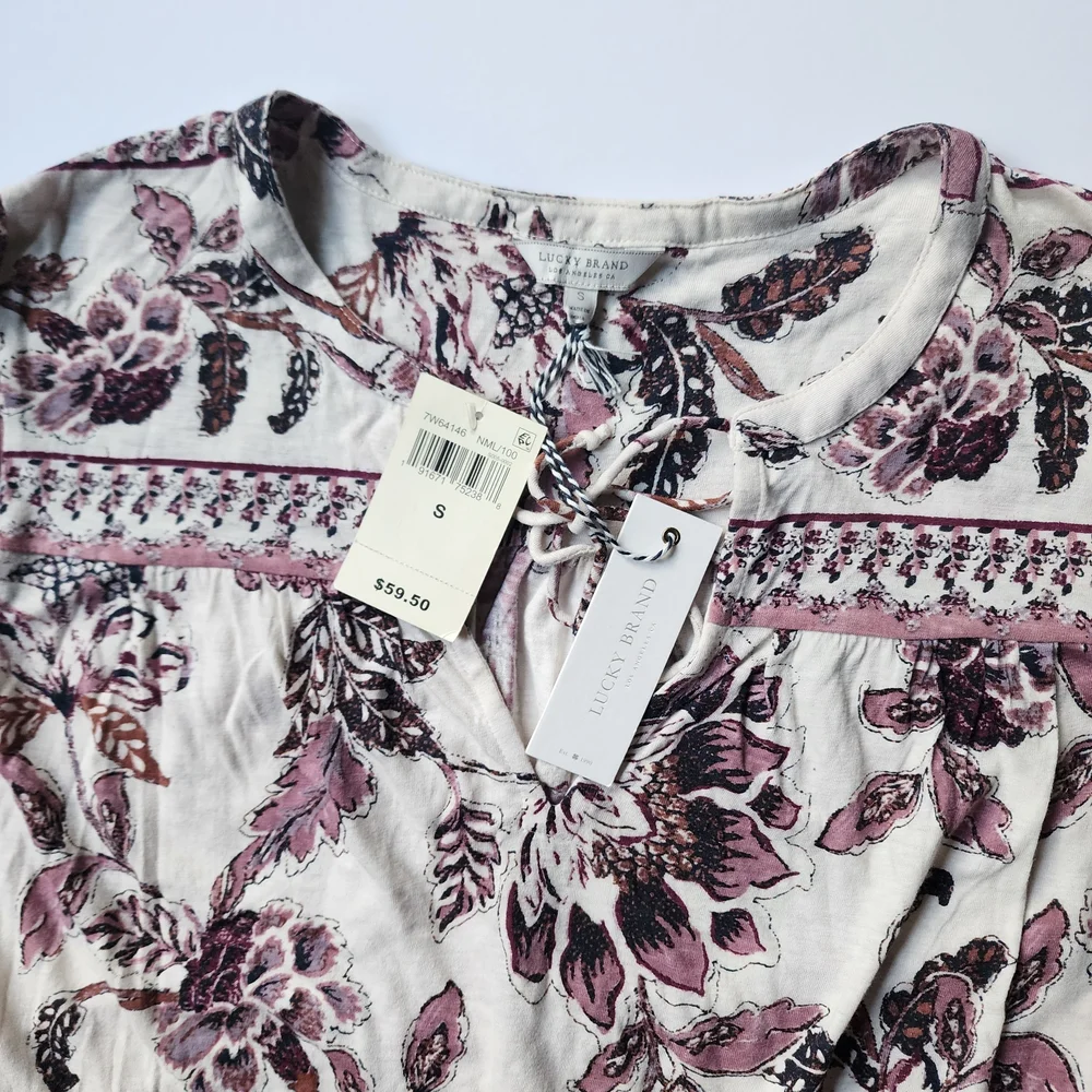 Lucky Brand Floral Long Sleeve Tie Neck Top in Purple and White Sz Small - Picture 3 of 8